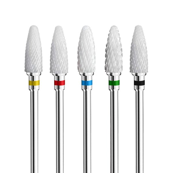 Fantexy Ceramic Nail Drill Bits Set,3/32'' Shank Professional Corn Shape Ceramic Bits,Acrylic Nail File Bits for Manicure Pedicure Cuticle Gel Nail Polishing,Use for Both Left and Right Handed(5 Pcs)