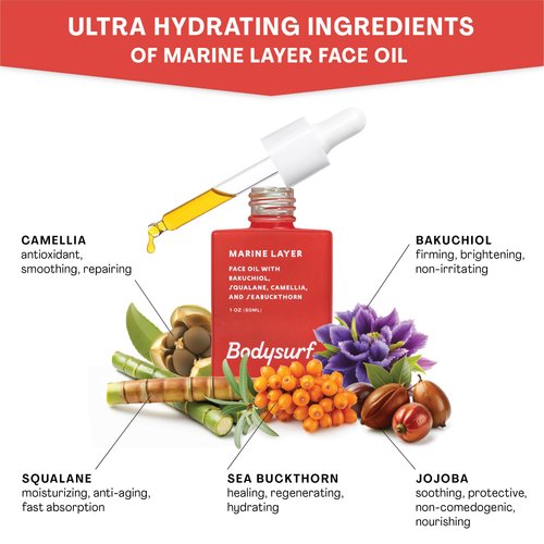 Bodysurf Hydrating Face Oil with Squalane Oil for face, Bakuchiol, Rosehip, Jojoba, Seabuckthorn - Organic Face Serum, Anti Aging, Moisturizing, Non Comedogenic Facial Oil Blend, 1 Ounce