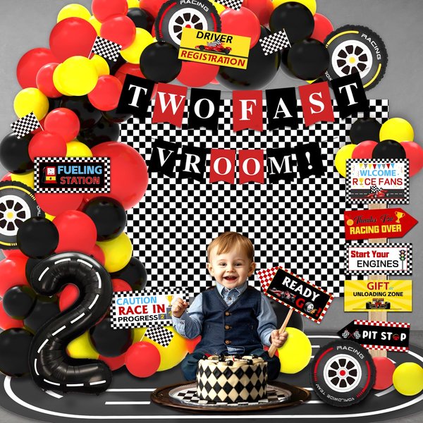 NUTTYBASH Two Fast Birthday Decorations, Two Fast Banner Backdrop Balloons Arch Garland Race Car Themed Directional Signs, Two Fast Birthday Party Supplies Two Fast Birthday Decor for Boys