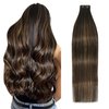Tape in Hair Extensions Real Human Hair, 16 Inch Dark Brown to Chestnut Brown Hair Extensions, 20pcs 30g 16 Inch Silky Hair Extensions.