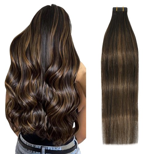 Tape in Hair Extensions Real Human Hair, 16 Inch Dark Brown to Chestnut Brown Hair Extensions, 20pcs 30g 16 Inch Silky Hair Extensions.