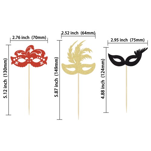 Gyufise 24 Pack Masquerade Masks Cupcake Toppers Black Gold Red Glitter Bachelorette Party Mask Cupcake Picks Mardi Gras Party Baby Shower Birthday Party Cake Decorations
