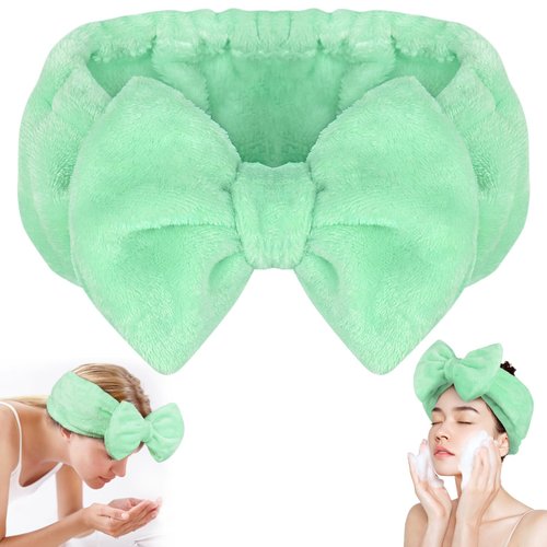 Shintop Makeup Headband, Soft Face Wash Headband with Cute Bow Elastic Spa Headband for Skincare Facial Mask Showers（Light Green）