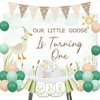 One Silly Goose 1st Birthday Decorations Farm Animal Themed Backdrop Duck Floral Birthday Banner Farm Duck Cupcake Topper Latex Balloons for Kids Boys Girls First Birthday Supplies (Green)