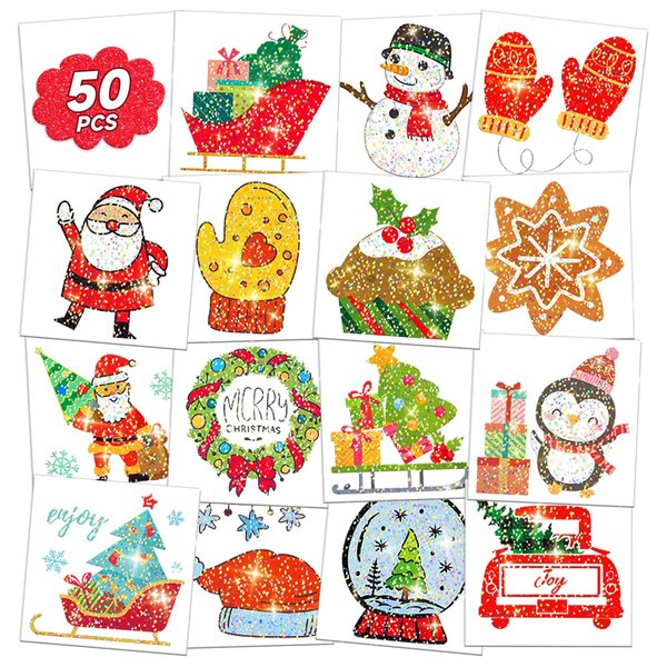 EMOME Glitter Tattoos for Kids Christmas Stocking Stuffers, Santa Claus Tattoo Sticker for Christmas Party Decorations, Individually Wrapped Christmas Tattoos for Kids Boys Girls (50 PCS)