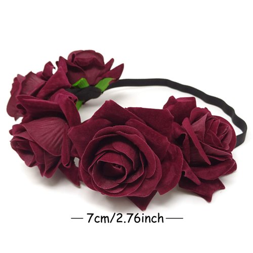 HONBAY 7cm/2.76inch Rose Flower Crown Elastic Headband Hair Band Festival Hair Garland Wedding Headpieces (Red Wine)