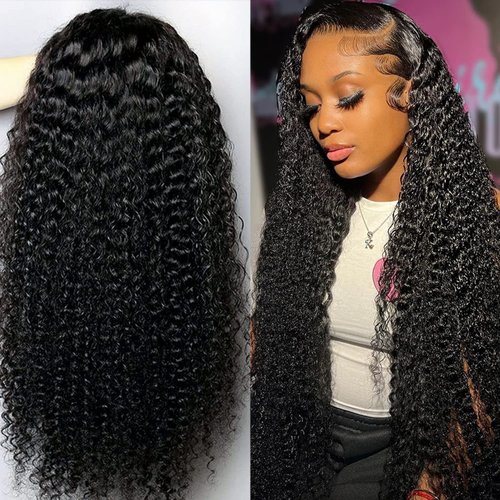 PEGOZA Kinky Curly Lace Front Wigs Human Hair 13X4 HD transparent Lace Frontal Remy Human Hair 150 Density Human Hair Pre-Pulled Baby Hair Natural Color for Black Women (28 Inch)