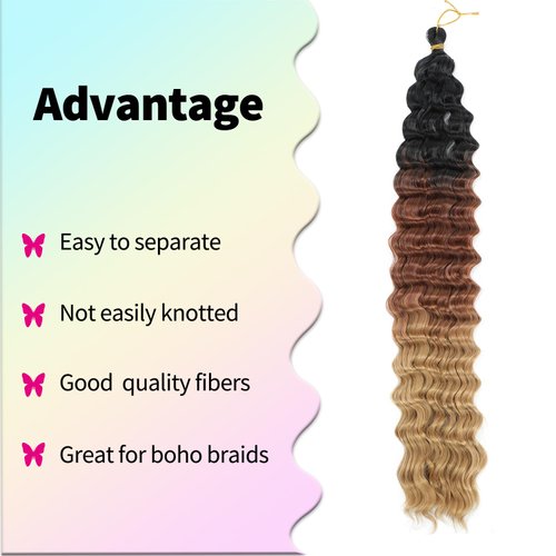 Deep Wave Curly Braiding Hair Synthetic 22 Inch Ocean Wave Crochet Hair for Black Women Deep Wave Wet and Wavy Curly Braiding Hair Extensions (22 Inch, 1B/30/27)