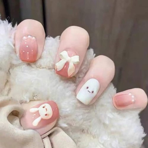 Cute Bunny Press on Nails for Women Kid Short Easter Fake Nail Cute Rabbit Fake Nails with Glue Short Full Cover False Nail Tips Stick on Nails Lovely Gift Girls Nail Art Decoration -Pink…