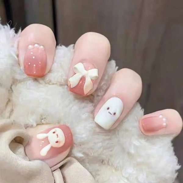 Cute Bunny Press on Nails for Women Kid Short Easter Fake Nail Cute Rabbit Fake Nails with Glue Short Full Cover False Nail Tips Stick on Nails Lovely Gift Girls Nail Art Decoration -Pink…