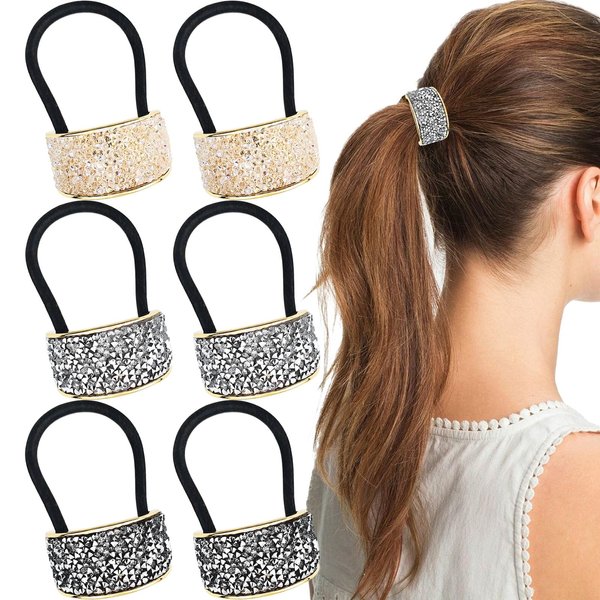 6 PACK Sparkly Rhinestone Hair Ties for Women Crystal Ponytail Holder Headband Bling Hair Bands Hair Clip Barrettes Glitter Elastics Scrunchies Fancy Hair Ties Hair Accessories for Women (3 colors)