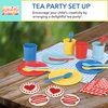 Bright Stripes Kids Picnic Basket Set, Food Pretend Play Tea Party Supplies, Children’s Toys - Includes 4 Plastic Cups, Plates, Spoons, Forks, 4 Napkins, Picnic Mat, 4 Felt Cookies, 25-Piece, Primary