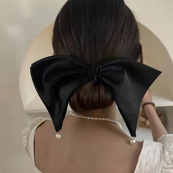 BUAJIUBUA Big Bow Hair Clip for Women Girls Off White Pearl Dangling Prom Hair Clip Hair Pieces (black)
