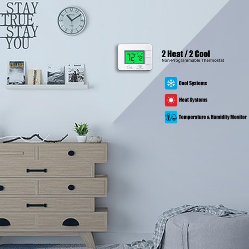 Upgraded Multi-Stage Non-Programmable Thermostats for Home 2 Heat/2 Cool, with Temperature & Humidity Monitor and Large Green LCD