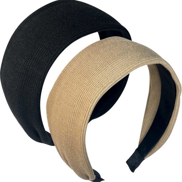 UDeBe Simple Linear Knit Wide Headbands, Dense Fine Knitting Headbands Elegant Solid Color Boho Headbands Korea Hairband 2PCs Khaki+Black