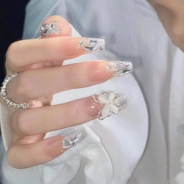 Press on Nails with Designs Medium Length, Coffin Shape Full Cover Reusable False Nails with Glue, Stick on Nails with Chrome Butterfly, Artificial Acrylic Fake Nails for Women, Glue on Nails Square