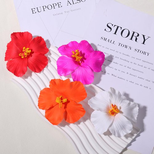 Flower Hair Clips Hawaii Hair Accessories for Women Plumeria Hibiscus Hair Barrettes Summer Claw Clips or Thick Thin Hair Clip 4Pcs (White+Red+Orange+Hot Pink)