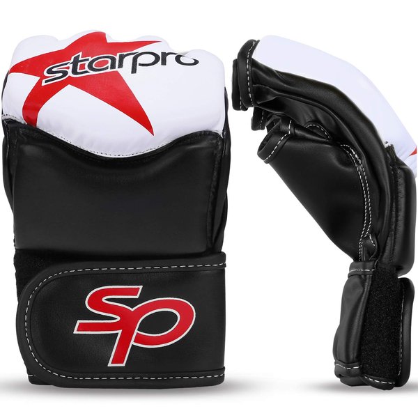 Starpro MMA Grappling Gloves Training - Good for Kickboxing Martial Arts Karate Combat Cage Fight Sparring Punch Bag Boxing Mitts | Synthetic Leather for Men & Women White & Red (White/Black, XL)