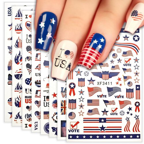 4th of July Nail Art Stickers,Independence Day Nail Stickers,3D Self-Adhesive Memorial Day Stickers for Nails Art Design,American Flag Patriotic Heart Star Decals for Fourth of July Nail Decoration…