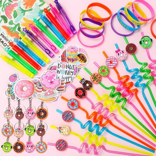 KELENO 98 Donut Party Favors Two Sweet Birthday Party Supplies for Girls Kids Straw Bubble Silicone Bracelet Keychain Sticker Donut Themed Toy Gift Goodie Bag Stuffer Candyland Party Favors