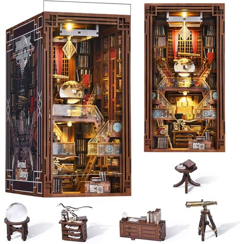 CCCDF Book Nook Kit, DIY Miniature Dollhouse Library House Kit for Adult and Teens, 3D Wooden Puzzle Bookends Bookshelf Insert Decor Model Build with Sensor Led Light (Beyond Library)