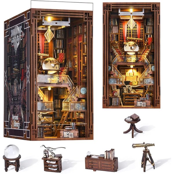 CCCDF Book Nook Kit, DIY Miniature Dollhouse Library House Kit for Adult and Teens, 3D Wooden Puzzle Bookends Bookshelf Insert Decor Model Build with Sensor Led Light (Beyond Library)