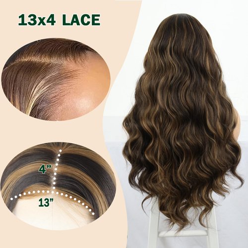 Mayouda Brown Body Wavy 13x4 HD Lace Frontal Wig for Black Women Long Body Wavy Curly With Baby Hair Lace Front Wigs Synthetic Pre Plucked Wigs Hair Lace Front Wigs (B-Highlight Brown, 30Inch)