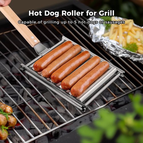 2Pcs Hot Dog Roller for Grill, Stainless Steel Sausage Roller Rack with Extra Long Wood Handle, BBQ Hot Dog Griller for Evenly Cooked Hot Dogs, 10 Hot Dog Capacity, 6.5 x 5.5 Inch