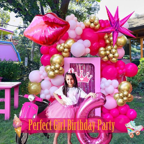 Hot Pink and gold Balloon garland arch kit 140Pcs Hot magenta pink with Chrome Gold Balloons & Lip Starburst Roller mylar balloons for girl’s Birthday party Mother's Day decorations