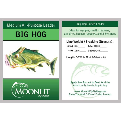 BIG HOG (4-6wt) medium all-purpose fly leader - Dries/Streamer/Nymph (Quality Moonlit Furled Leader made in The USA)