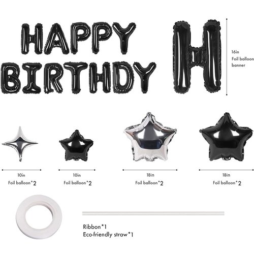 Black and Silver Birthday Party Decorations, Happy Birthday Decorations for Men Women Boys Girls with Happy Birthday Balloon Banner, Fringe Curtains,Star Balloons Kit For Boys Birthday Party Supplies