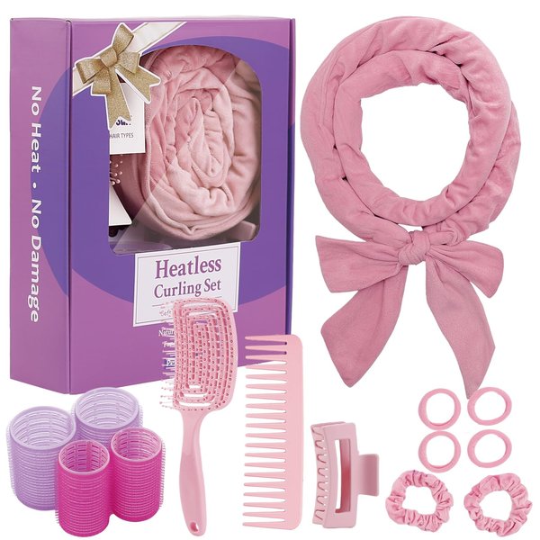 Heatless Curls Overnight, 70'' Velvet Hair Curlers for Long Hair, No Heat Hair Rollers - Pink