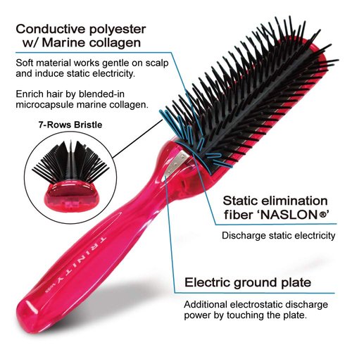 Anti Static Hairbrush [Made in Japan] 7 Row Curly Hair Brush for Styling, Blow-Drying, and Detangling, Static Free Hair Brushes for Women [ Anti Static Hair Products] (Pink)