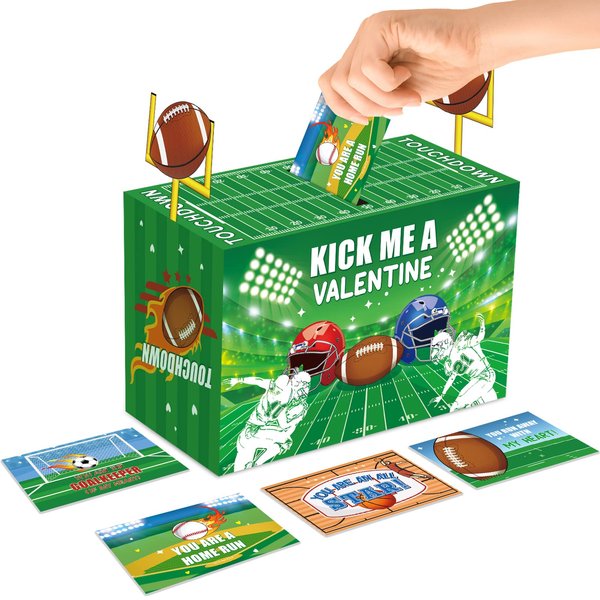 Valentines Boxes for Kids Valentines Mailbox Set Valentines Cards DIY Valentines Card Box with 36 Valentines Day Cards for Girls Boys School Classroom Exchange Valentine Party Favors (Football)