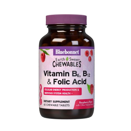 Bluebonnet Nutrition Earth Sweet Vitamin B6, B12, Plus Folic Acid Chewable Tablets, Vegan, Vegetarian, Gluten Free, Soy Free, Milk Free, Kosher, 60 Chewable Tablets, Raspberry Flavor