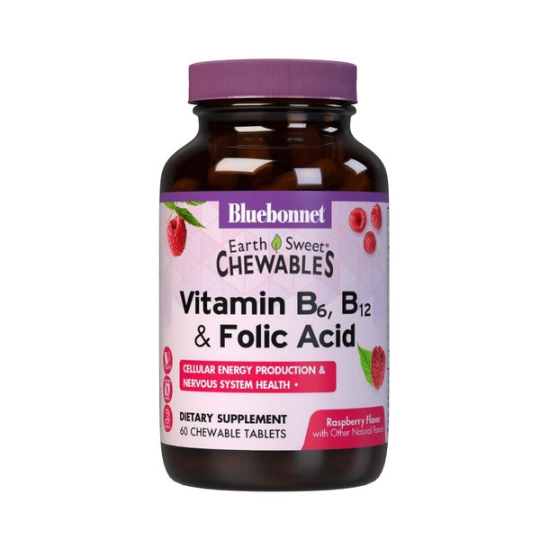 Bluebonnet Nutrition Earth Sweet Vitamin B6, B12, Plus Folic Acid Chewable Tablets, Vegan, Vegetarian, Gluten Free, Soy Free, Milk Free, Kosher, 60 Chewable Tablets, Raspberry Flavor