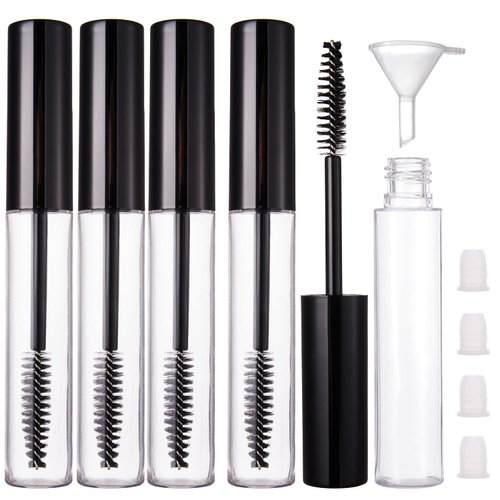 YITOU 4 Pack 10ml Empty Mascara Tube with Brush Wand, Refillable Eyelash Cream Container DIY Cosmetics Bottle for Castor Oil/Eyebrow Growth Serum/Coconut Oil, 4 Rubber Inserts, 1 Funnel, Black