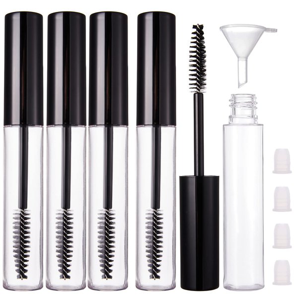 YITOU 4 Pack 10ml Empty Mascara Tube with Brush Wand, Refillable Eyelash Cream Container DIY Cosmetics Bottle for Castor Oil/Eyebrow Growth Serum/Coconut Oil, 4 Rubber Inserts, 1 Funnel, Black