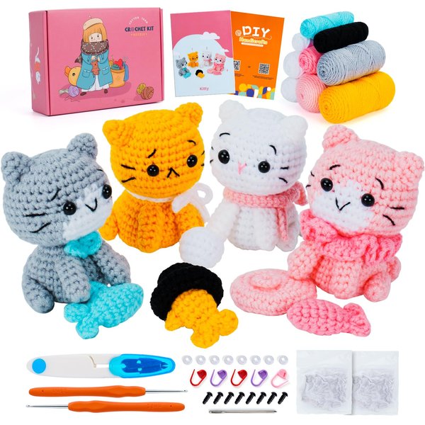 Crochet Kit for Beginners - Cat Crochet Kit with Step-by-Step Video Tutorials, Learn to Crochet Kits for Adults and Kids, 4 PCS Cat with Hat, Toy, Fish Crocheting Set