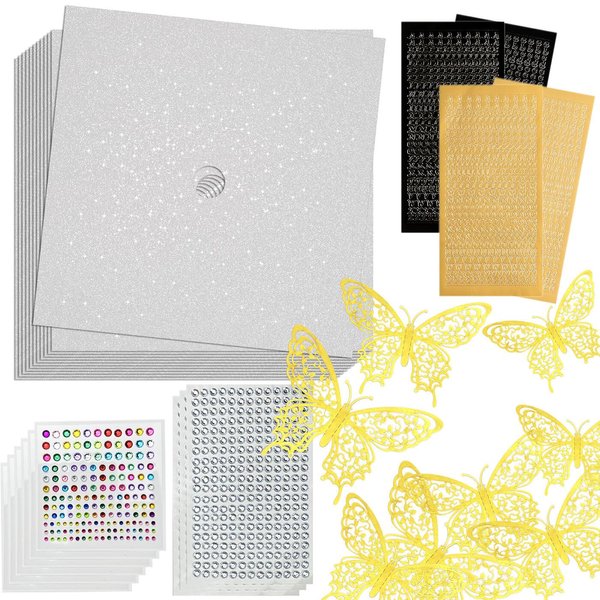 ReArt Graduation Grad Cap Decorations Construction Paper 12 Pcs with 50 Adhesive Dots, 4 Sheets Adhesive Glitter Alphabet Stickers, 2007 Pcs of Rhinestone Stickers & 36 Pcs 3D Butterfly (White)