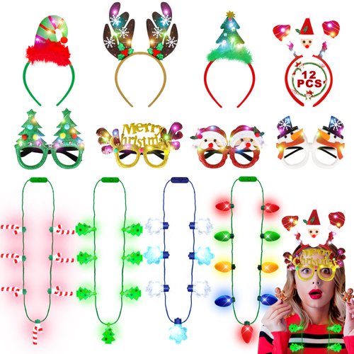 Blowata 12 PCS Christmas Party Favors, Light Up Christmas Necklace Headband Glasses Set, Candy Cane Snowflake Tree Bulb Necklace LED Headband Flashing Eyeglasses for Xmas Gifts, Christmas Accessories