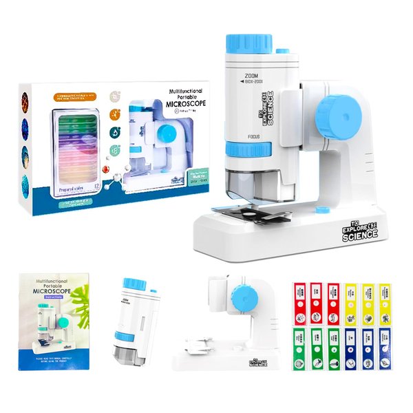 ARTFILIF Pocket Microscope for Kids 200x Hand Held Microscope Biological Microscope Science Educational Microscope with LED Lights Educational Toys Science Toys (with Light Base, Blue)