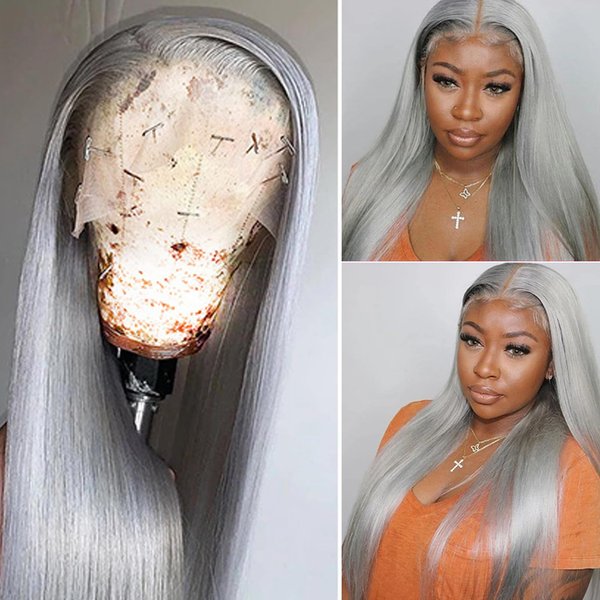 Grey Straight 13×4 HD Transparent Lace Front Wigs Pre Plucked Silver Human Hair Wigs for Black Women 150 Density Grey 100% Brazilian Virgin Human Hair Wigs with Baby Hair Natural Hairline
