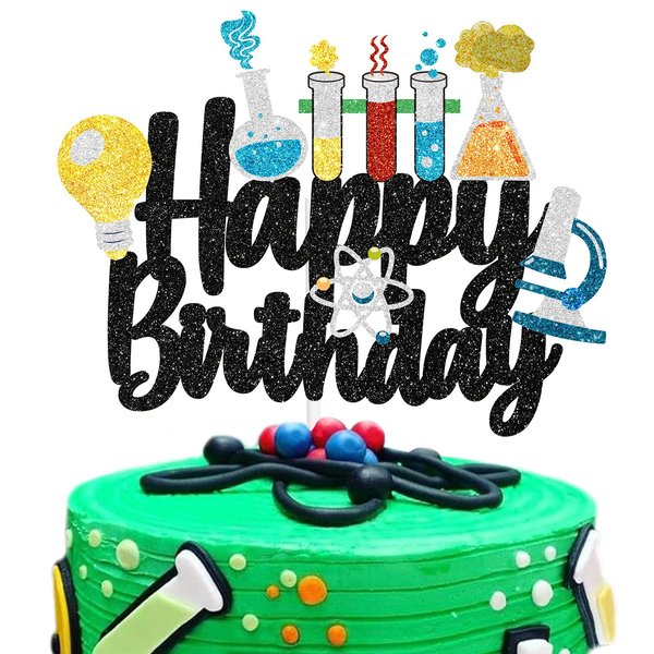 Science Happy Birthday Cake Topper - Mad Scientist Chemistry Theme Party Decor - Kids Boy Girl Baby Shower Glitter Party Decorations Supplies-LIANGSS