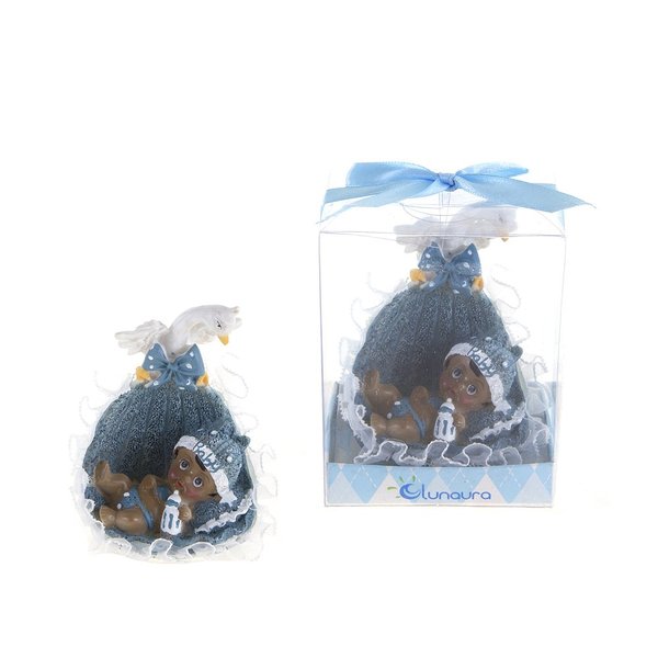 Lunaura Baby Keepsake - Set of 12 "Boy" Black Ethnic Baby Laying in Basket with Swan Favors - Blue