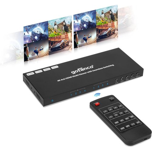 gofanco 4K 4x2 HDMI MultiViewer w/Dual Displays – 4 Inputs & 2 Outputs, 4K@30Hz, Seamless Switching, Quadview&Quad/Dual/Single/PIP, Mirrored/Matrix Outputs,Toslink/3.5mm Audio Extract(QuadView4K-Dual)