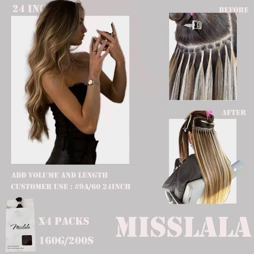 Misslala 24 Inch Blonde Itip Hair Extensions Cold Fusion Hair Extensions Color #9A Brown Highlighted with #60 Platinum Blonde Bead in Hair Human Natural Hair Extensions 50s/40g