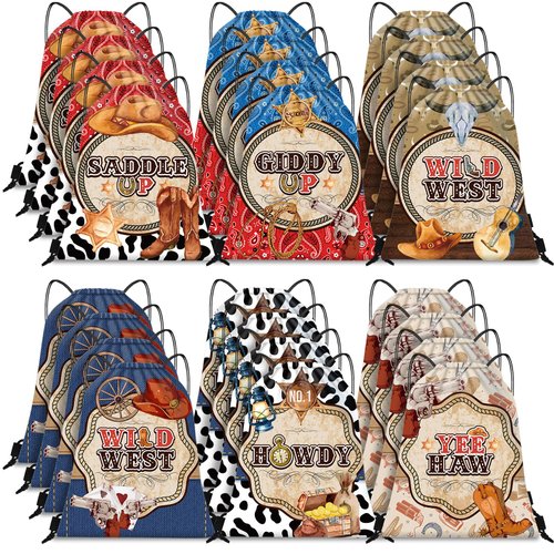 Silkfly 12 Pcs Wild Western Cowboy Party Drawstring Backpack Western Cowboy Theme Drawstring Bag Beach Backpack Draw String Sports Bag Cinch Bag for Cowboy Cowgirl Themed Birthday Party Supplies