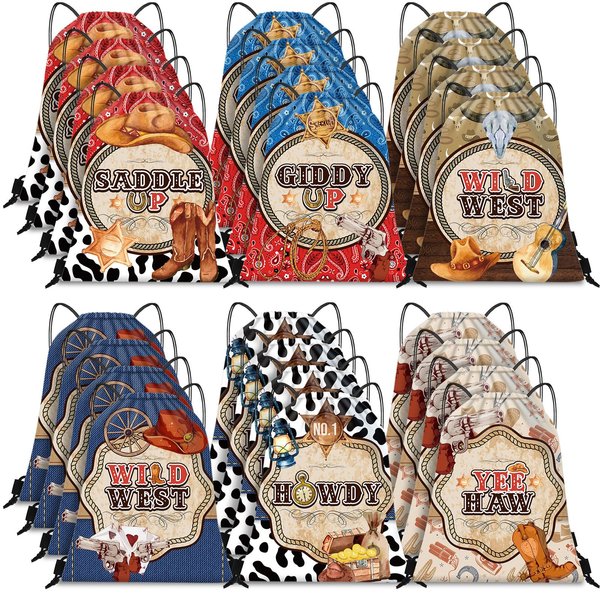 Silkfly 12 Pcs Wild Western Cowboy Party Drawstring Backpack Western Cowboy Theme Drawstring Bag Beach Backpack Draw String Sports Bag Cinch Bag for Cowboy Cowgirl Themed Birthday Party Supplies