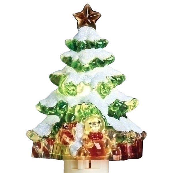 Roman Snow Covered Christmas Tree 5 Inch Acrylic Swivel Plug-in Bubble Night Light